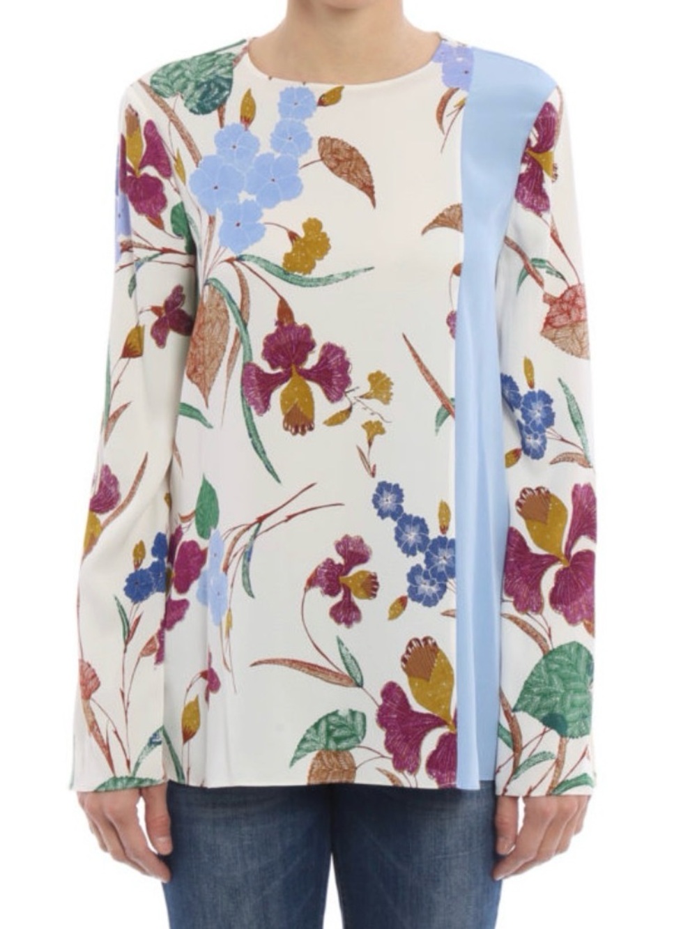 Diane Von Furstenberg Cream Floral Long-Sleeve Top with Blue Panel